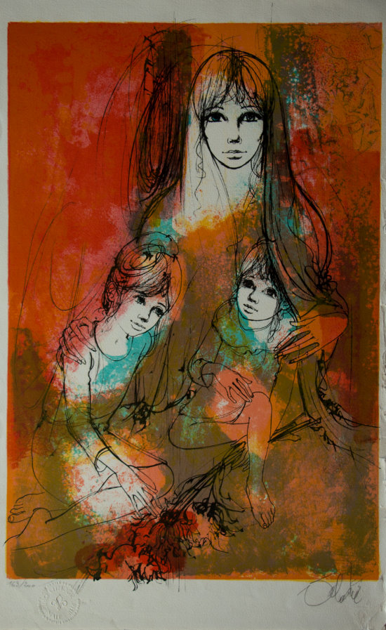 Jean-Baptiste Valadié : Original Lithograph : Mother and children