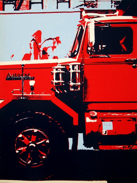 Alain VALTAT : Serigraph on a very beautiful thick and heavyweight satin and vernish finished paper : Red Truck
