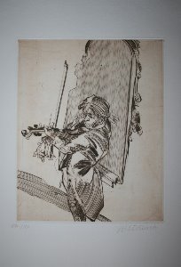 Claude Weisbuch etching - Le musicien au miroir